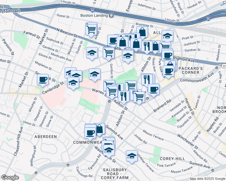 map of restaurants, bars, coffee shops, grocery stores, and more near 103 Gordon Street in Boston