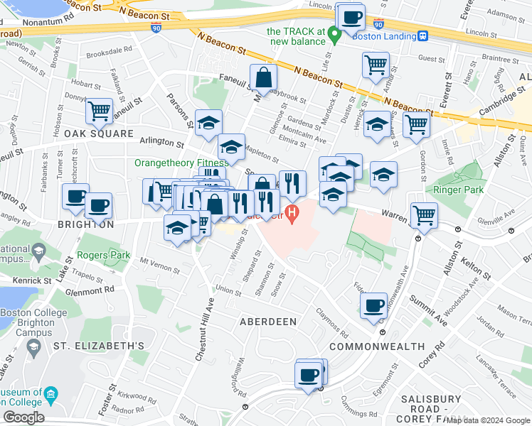 map of restaurants, bars, coffee shops, grocery stores, and more near 736 Cambridge Street in Boston