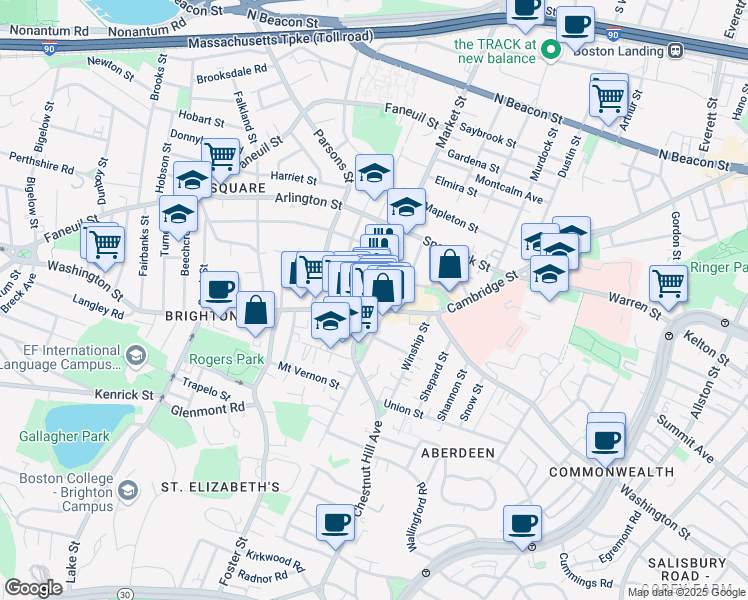 map of restaurants, bars, coffee shops, grocery stores, and more near 8 Waldo Terrace in Boston