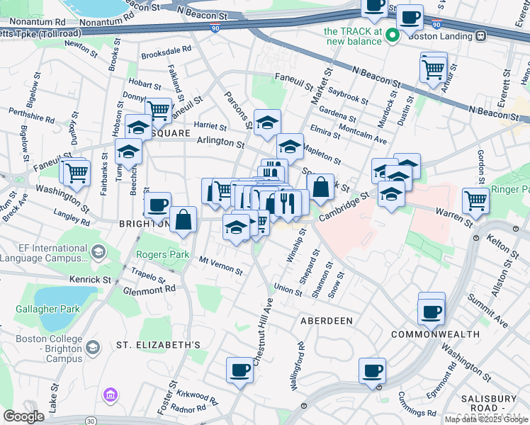 map of restaurants, bars, coffee shops, grocery stores, and more near 8 Waldo Terrace in Boston