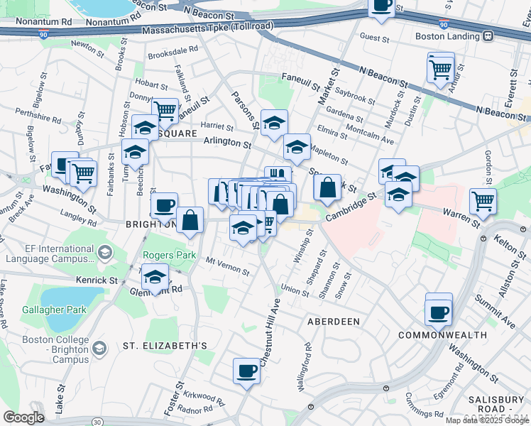 map of restaurants, bars, coffee shops, grocery stores, and more near 385 Washington Street in Boston