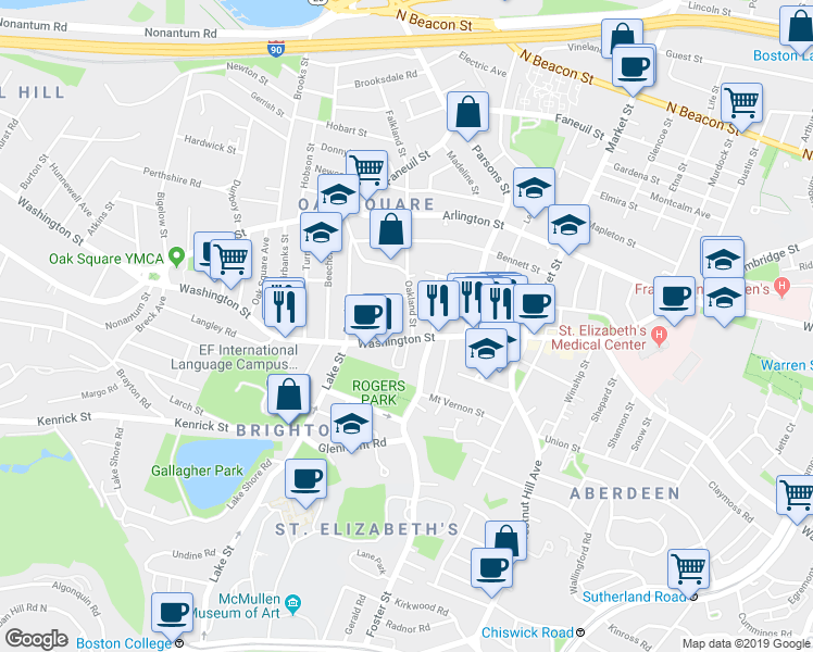 map of restaurants, bars, coffee shops, grocery stores, and more near 57 Malbert Road in Boston