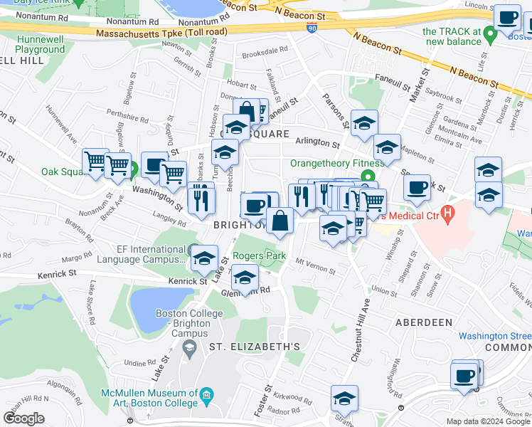 map of restaurants, bars, coffee shops, grocery stores, and more near 57 Malbert Road in Boston