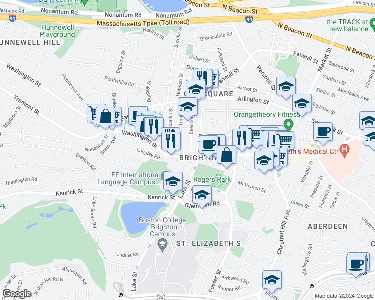 map of restaurants, bars, coffee shops, grocery stores, and more near 10 Beechcroft Street in Boston