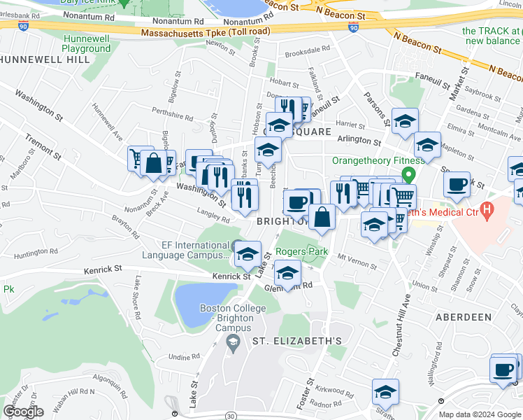 map of restaurants, bars, coffee shops, grocery stores, and more near 10 Beechcroft Street in Boston
