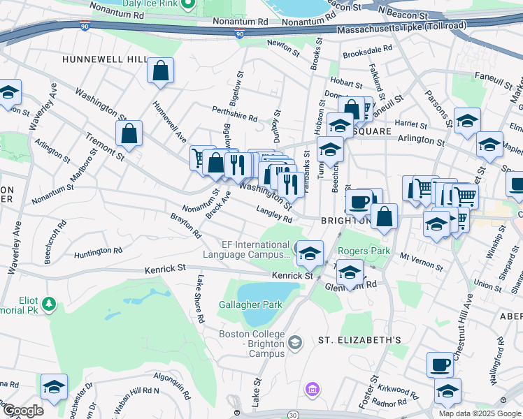 map of restaurants, bars, coffee shops, grocery stores, and more near 50 Langley Road in Boston