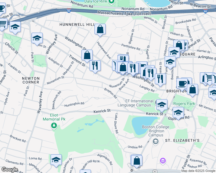map of restaurants, bars, coffee shops, grocery stores, and more near 73 A Nonantum Street in Boston