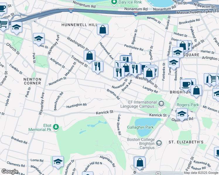 map of restaurants, bars, coffee shops, grocery stores, and more near 73 A Nonantum Street in Boston