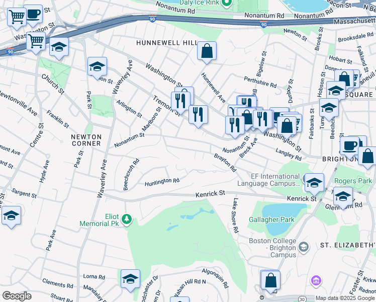 map of restaurants, bars, coffee shops, grocery stores, and more near 149 Brayton Road in Boston