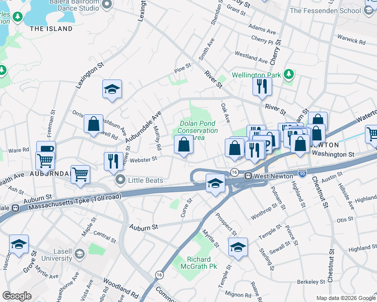map of restaurants, bars, coffee shops, grocery stores, and more near 97 Webster Park in Newton