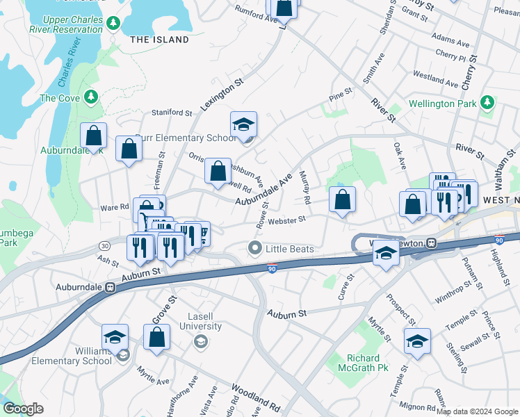map of restaurants, bars, coffee shops, grocery stores, and more near 19 Rowe Street in Newton