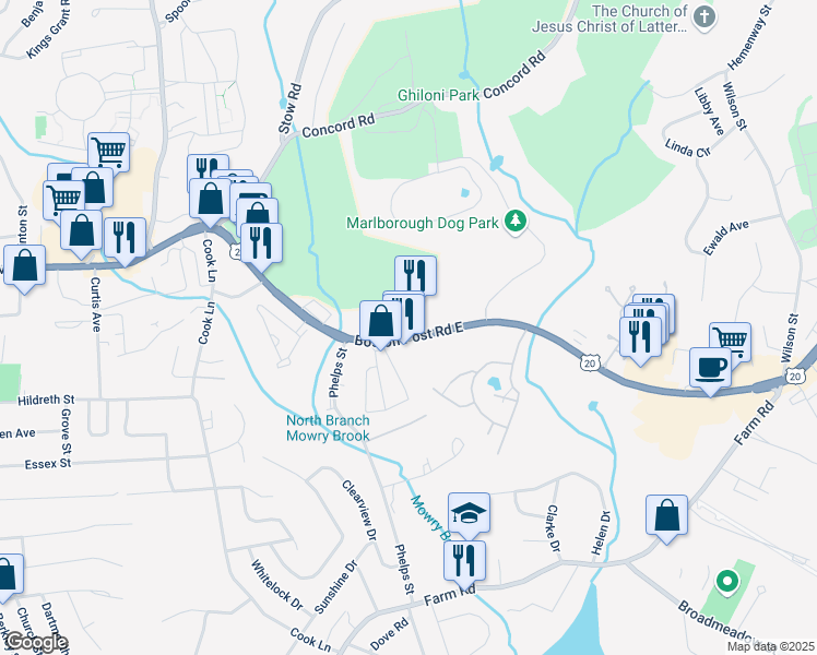 map of restaurants, bars, coffee shops, grocery stores, and more near 198 Boston Post Road East in Marlborough