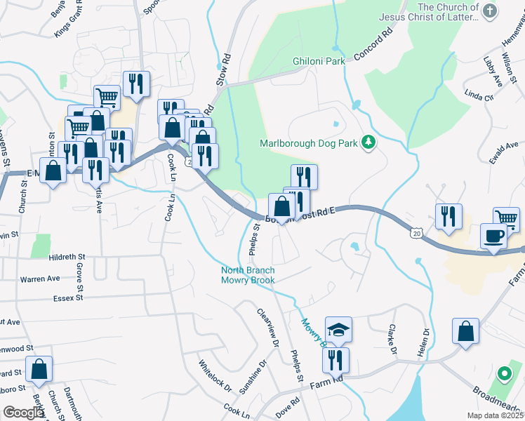 map of restaurants, bars, coffee shops, grocery stores, and more near 119 Boston Post Road East in Marlborough