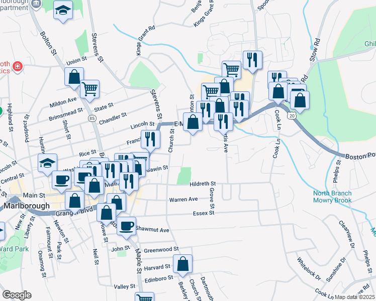 map of restaurants, bars, coffee shops, grocery stores, and more near 31 Vine Street in Marlborough