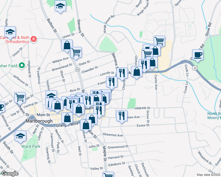 map of restaurants, bars, coffee shops, grocery stores, and more near 70 East Main Street in Marlborough