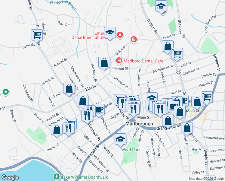 map of restaurants, bars, coffee shops, grocery stores, and more near 14 Manning Street in Marlborough