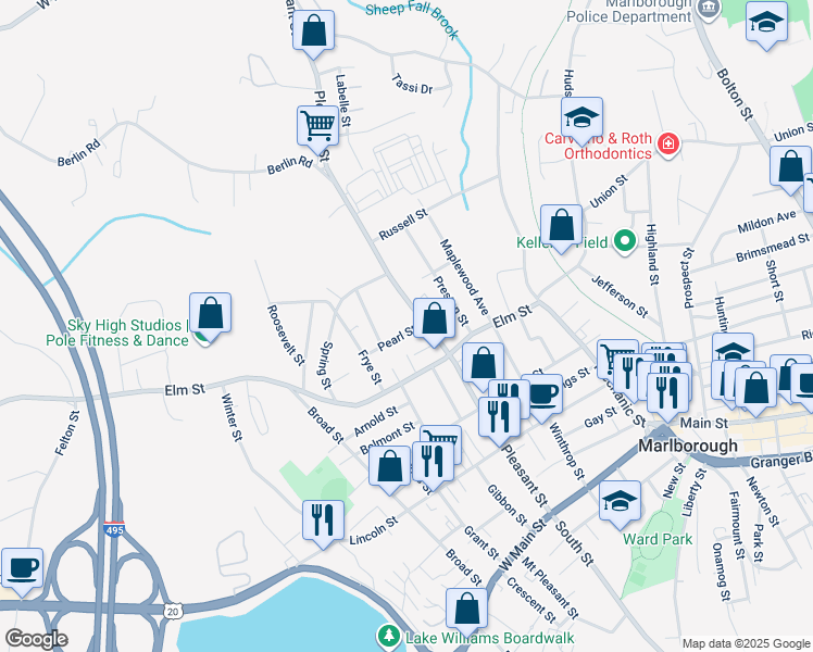 map of restaurants, bars, coffee shops, grocery stores, and more near 15 Pearl Street in Marlborough
