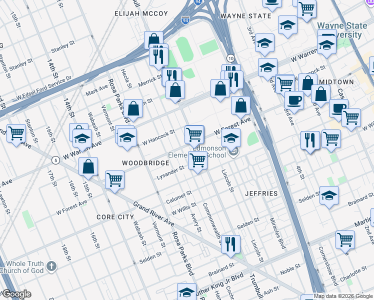 map of restaurants, bars, coffee shops, grocery stores, and more near in Detroit