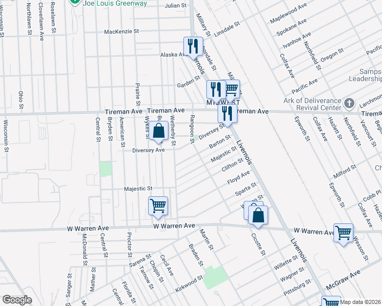 map of restaurants, bars, coffee shops, grocery stores, and more near 6651 Diversey Street in Detroit