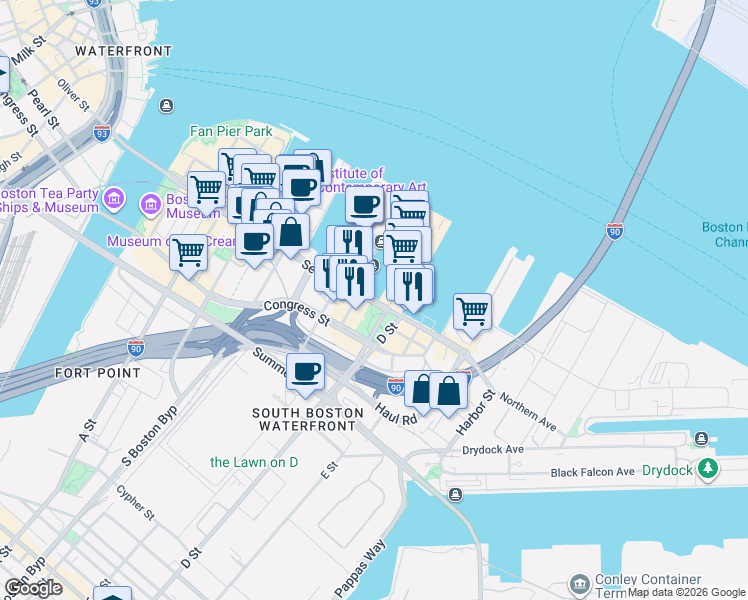 map of restaurants, bars, coffee shops, grocery stores, and more near Northern Avenue in Boston