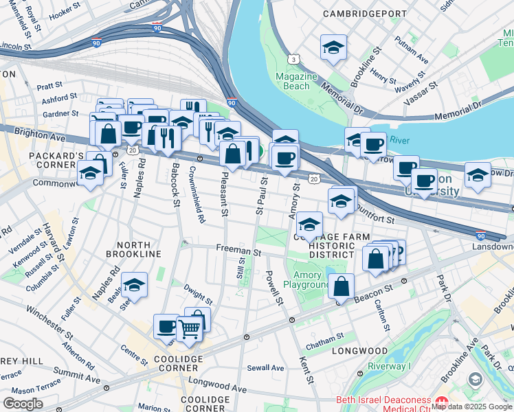 map of restaurants, bars, coffee shops, grocery stores, and more near 49 Egmont Street in Brookline