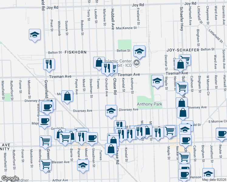 map of restaurants, bars, coffee shops, grocery stores, and more near 7801 Chase Road in Dearborn