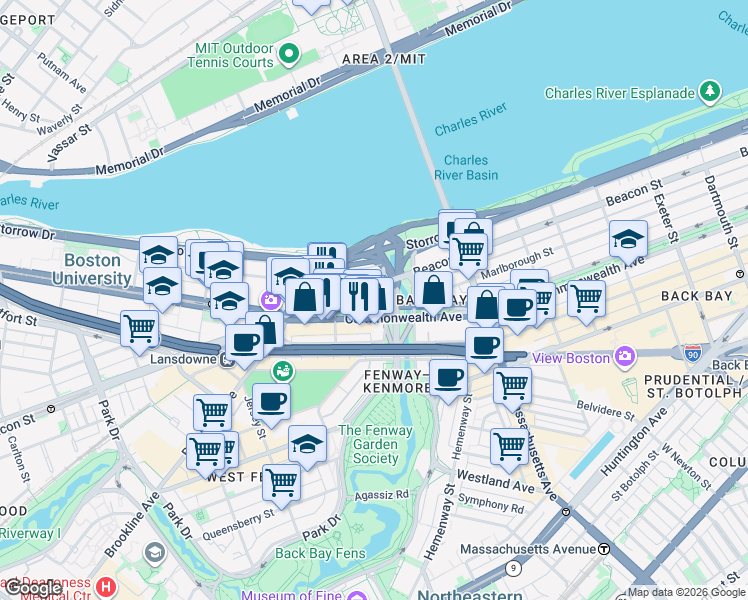 map of restaurants, bars, coffee shops, grocery stores, and more near 483 Commonwealth Avenue in Boston
