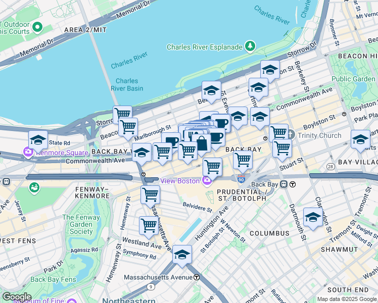 map of restaurants, bars, coffee shops, grocery stores, and more near 267 Newbury Street in Boston