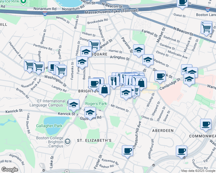 map of restaurants, bars, coffee shops, grocery stores, and more near 433 Washington Street in Boston