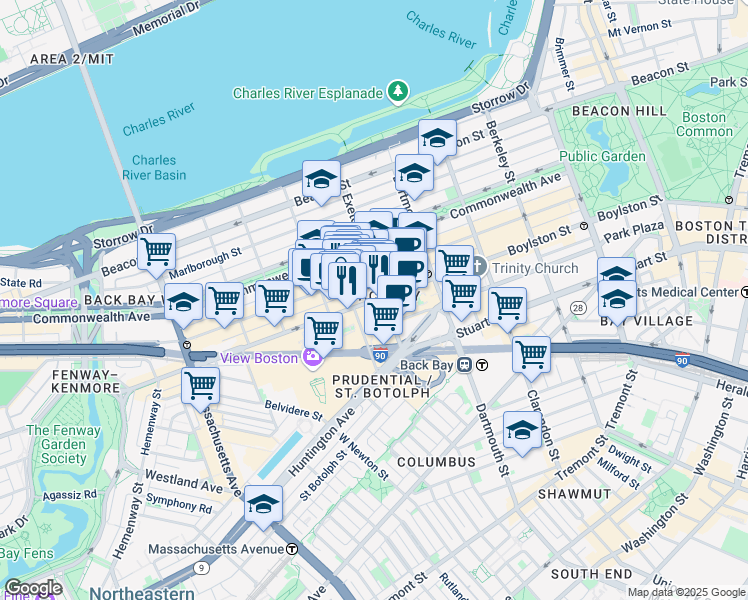 map of restaurants, bars, coffee shops, grocery stores, and more near Boylston Street in Boston
