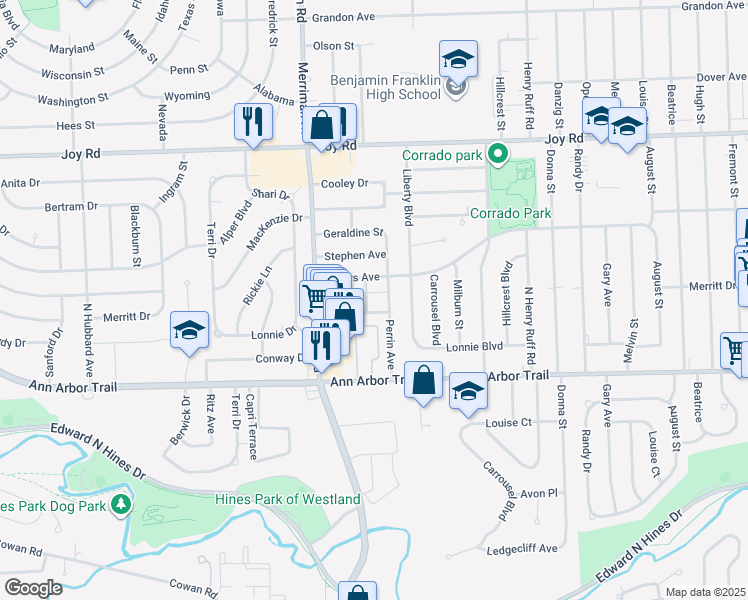 map of restaurants, bars, coffee shops, grocery stores, and more near 8334 Karen Street in Westland
