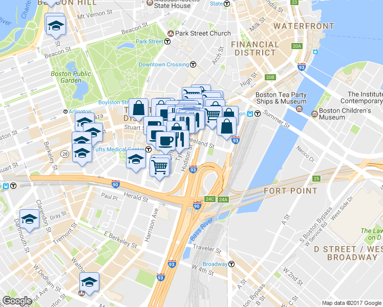 map of restaurants, bars, coffee shops, grocery stores, and more near Holland Place in Boston