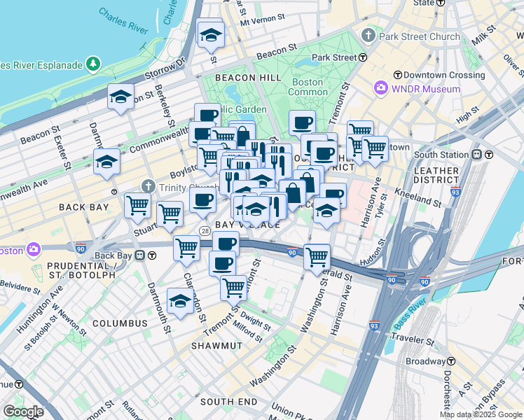 map of restaurants, bars, coffee shops, grocery stores, and more near 46 Church Street in Boston