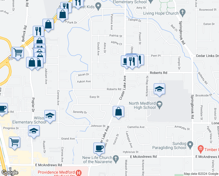 map of restaurants, bars, coffee shops, grocery stores, and more near 1905 Roberts Road in Medford