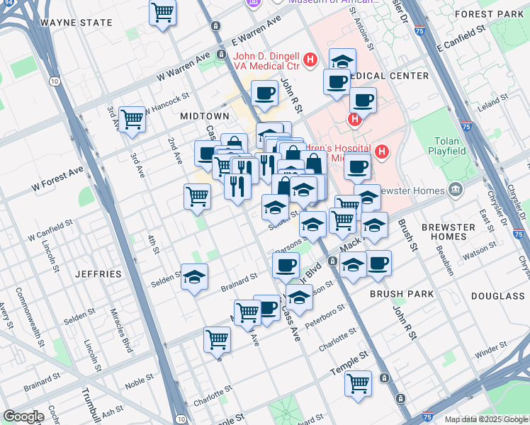 map of restaurants, bars, coffee shops, grocery stores, and more near 52 Selden Street in Detroit