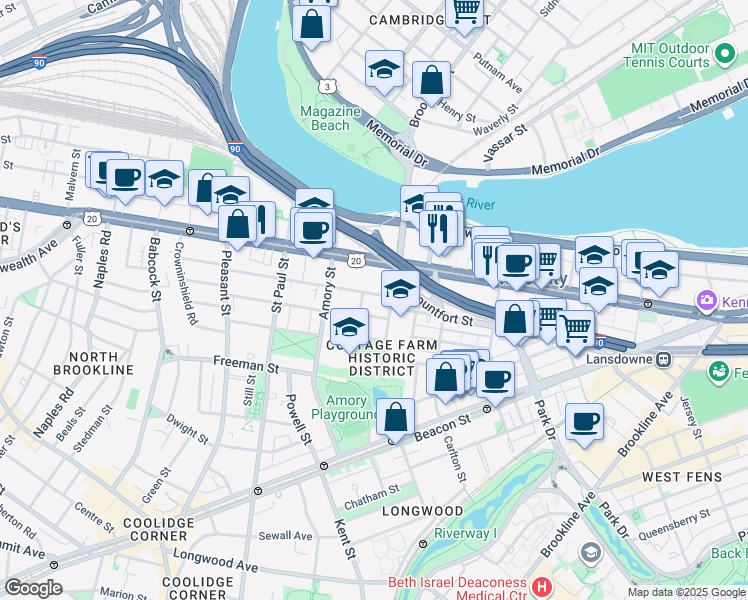 map of restaurants, bars, coffee shops, grocery stores, and more near 14 Dummer Street in Brookline