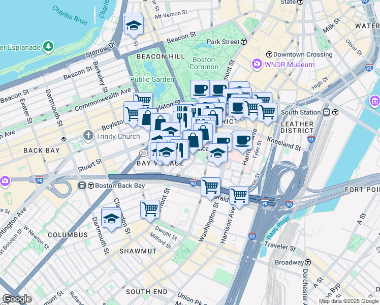 map of restaurants, bars, coffee shops, grocery stores, and more near 115 Broadway in Boston