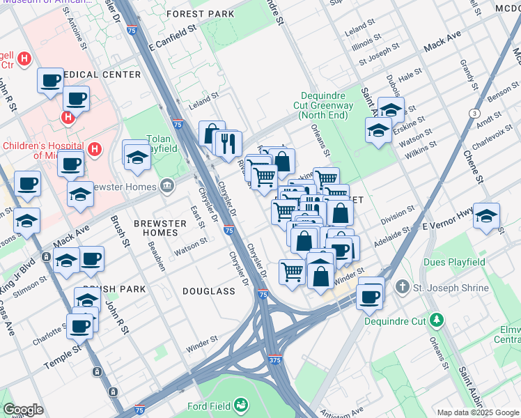 map of restaurants, bars, coffee shops, grocery stores, and more near 1039 Watson Street in Detroit