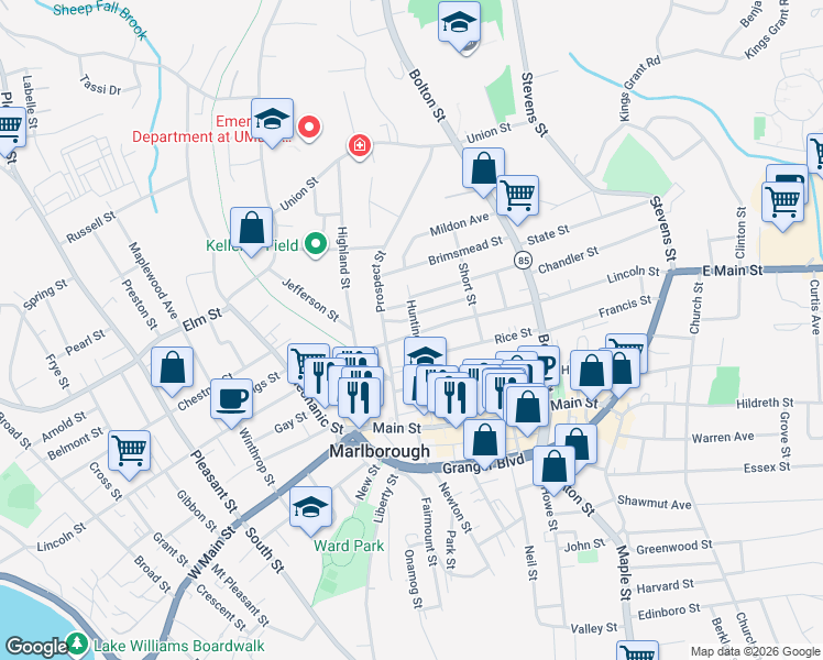 map of restaurants, bars, coffee shops, grocery stores, and more near 227 Lincoln Street in Marlborough