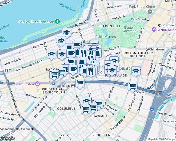 map of restaurants, bars, coffee shops, grocery stores, and more near 385 Stuart Street in Boston
