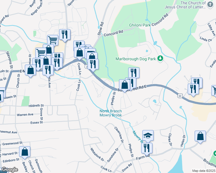 map of restaurants, bars, coffee shops, grocery stores, and more near 159 Boston Post Road East in Marlborough