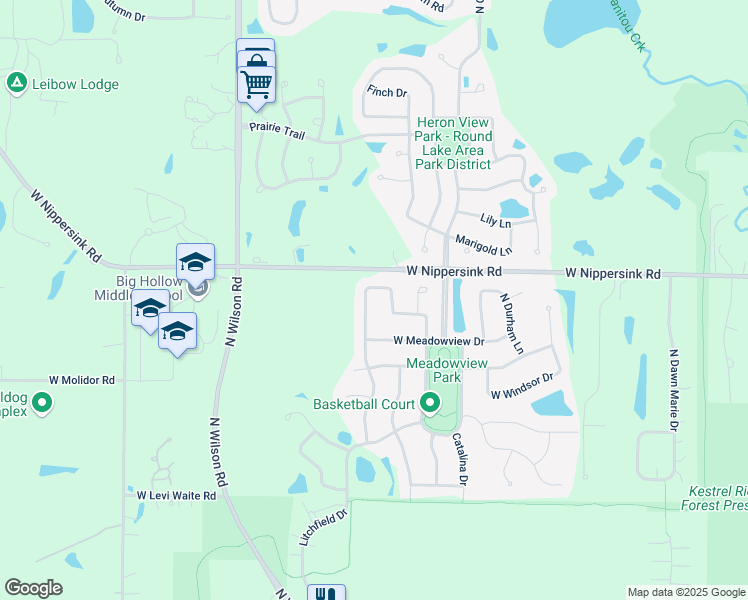 map of restaurants, bars, coffee shops, grocery stores, and more near 67 North Waterford Drive in Round Lake