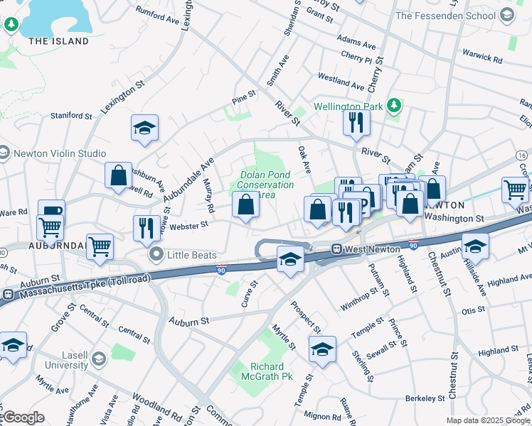 map of restaurants, bars, coffee shops, grocery stores, and more near 97 Webster Park in Newton
