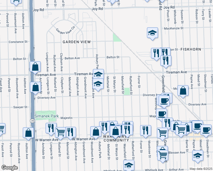 map of restaurants, bars, coffee shops, grocery stores, and more near 7777 Mettetal Street in Detroit