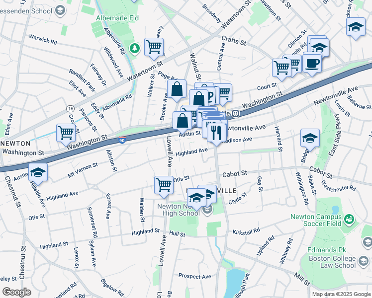 map of restaurants, bars, coffee shops, grocery stores, and more near 55 Highland Avenue in Newton