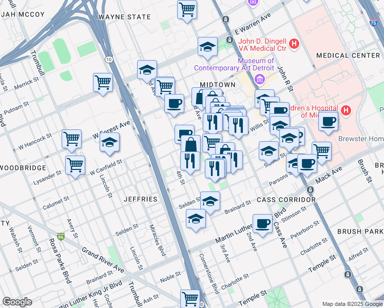 map of restaurants, bars, coffee shops, grocery stores, and more near 700 West Willis Street in Detroit
