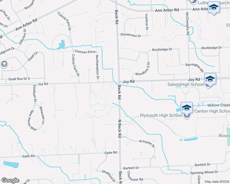 map of restaurants, bars, coffee shops, grocery stores, and more near 47505 Joy Road in Canton