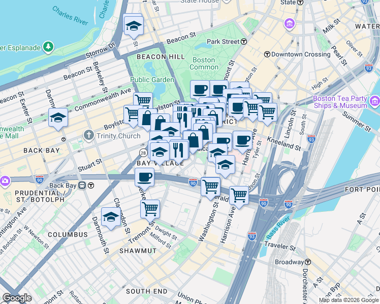 map of restaurants, bars, coffee shops, grocery stores, and more near 105 Broadway Street in Boston