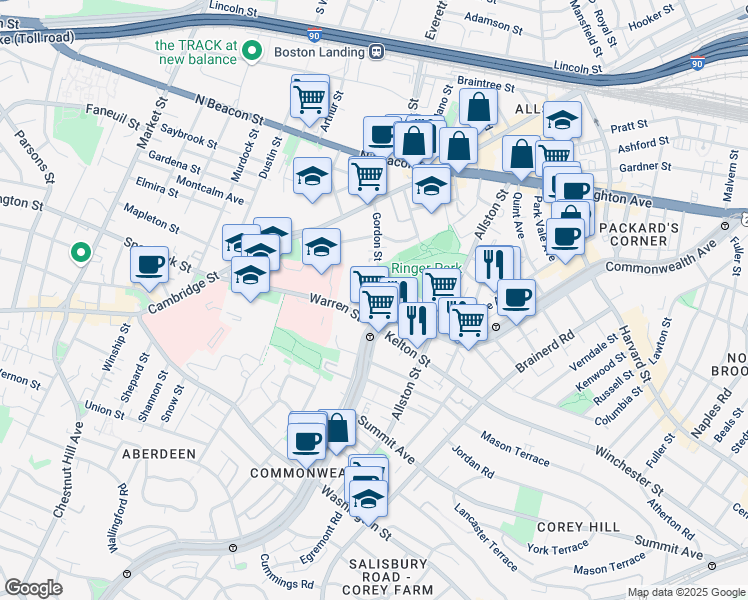 map of restaurants, bars, coffee shops, grocery stores, and more near 103 Gordon Street in Boston