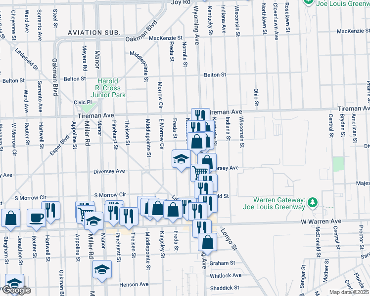 map of restaurants, bars, coffee shops, grocery stores, and more near 7732 Normile Street in Dearborn